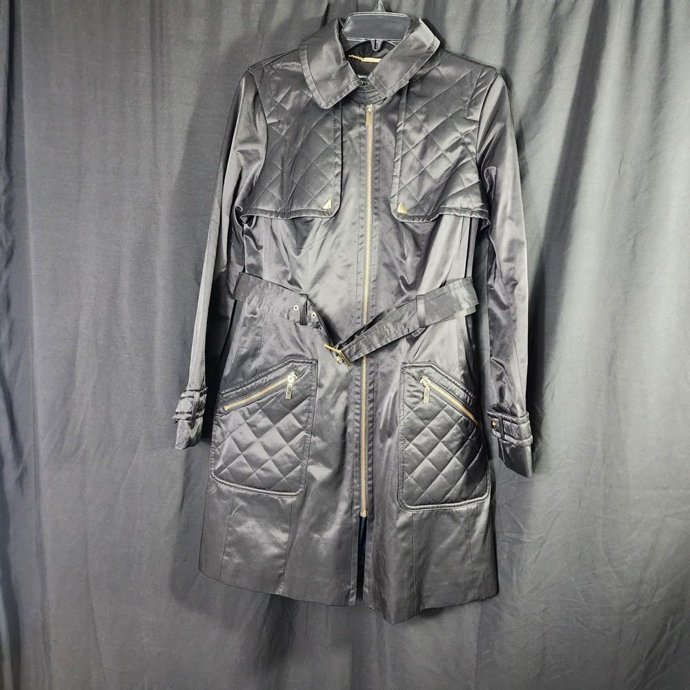 Green Envy Quilted Black Trench Coat Belted Hooded Full Zip‎ Women's Medium